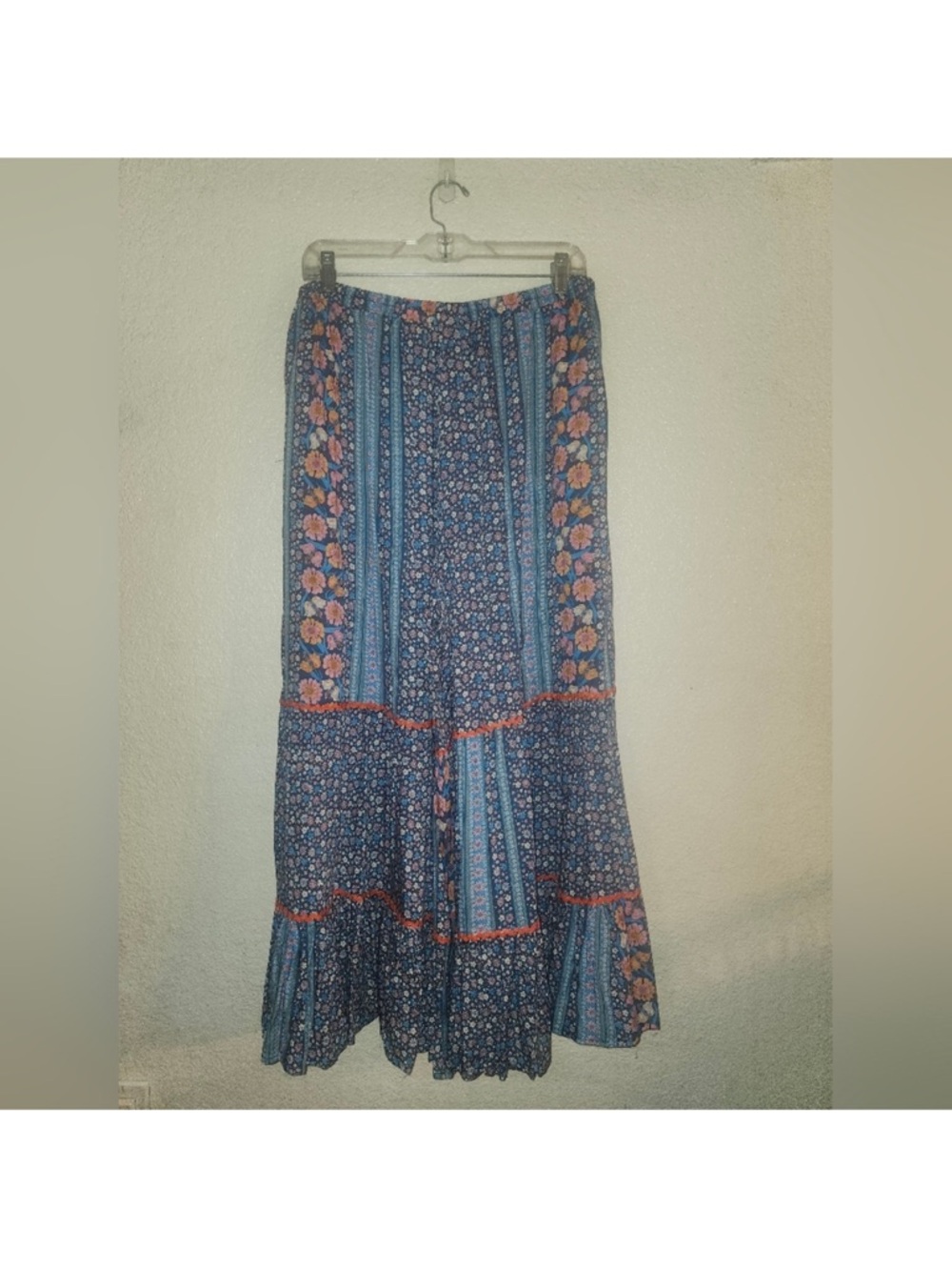 easel Blue Floral Patchwork Wide leg boho pants  with Orange Trim NWOT - Picture 15 of 15